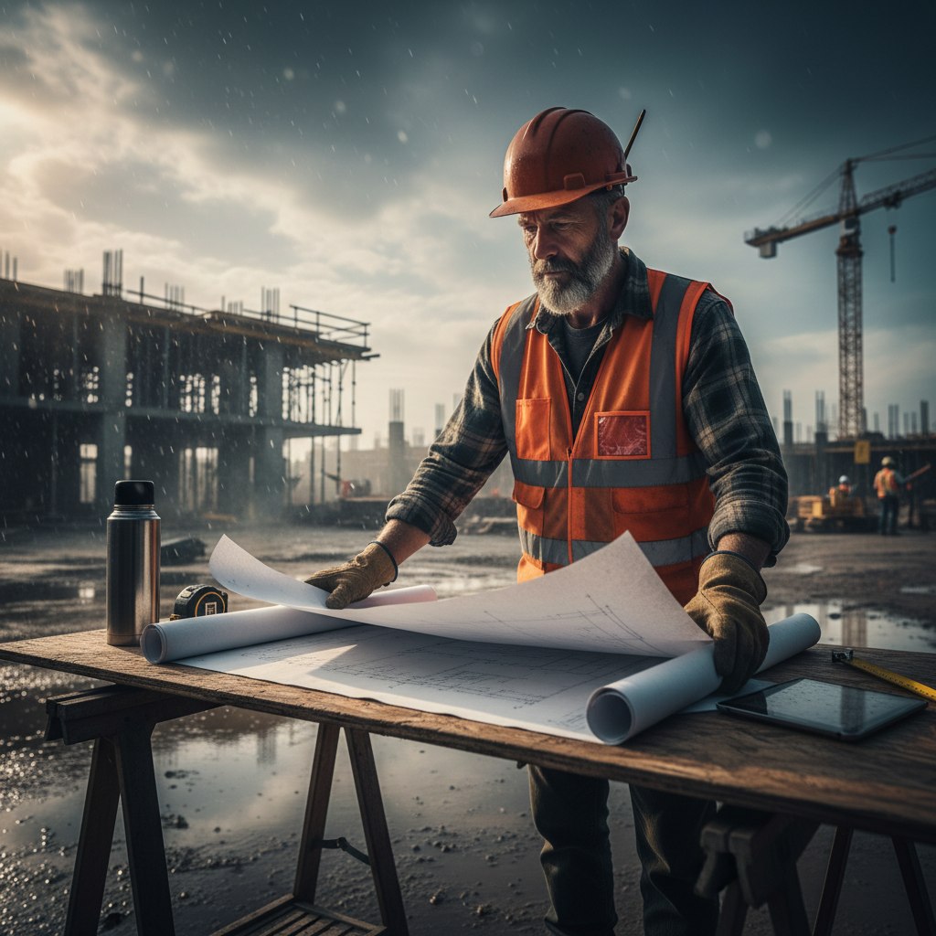 Construction professional reviewing plans on site